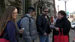 Libby Davies talks to locals at Carnegie Centre during her week of the 2010 homeless hunger strike relay