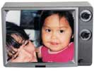 Adult and child faces in tv frame