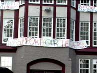 School with banners from supporting students