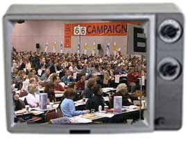 TV screen with image of BC Fed convention